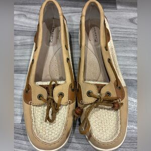Sperry Top-Sider Angelfish Tan Linen Boat Shoes Women’s 9.5M Leather Trim